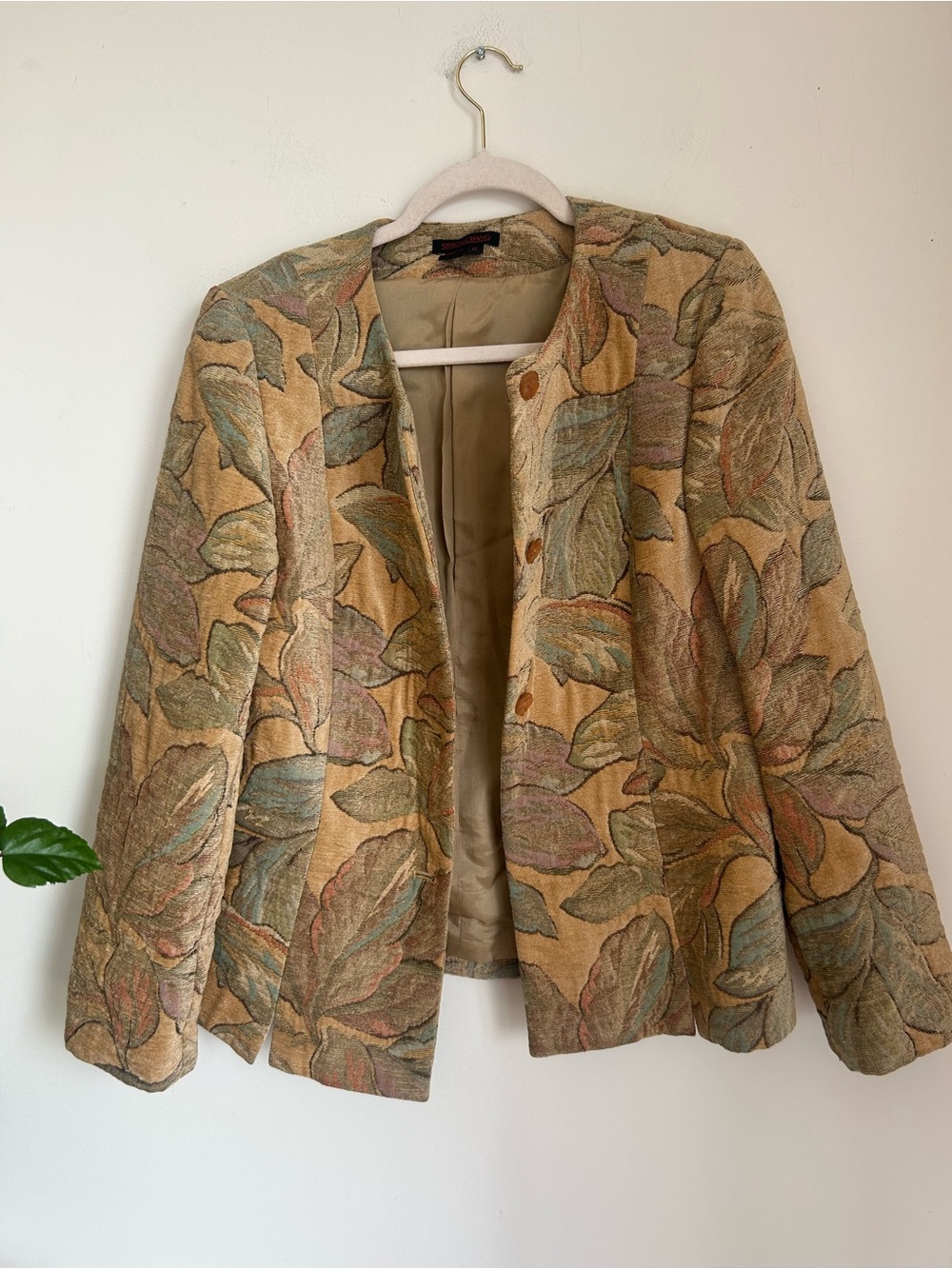 vintage Simon Chang Leaf-Print Women's Jacket in Tan and Green